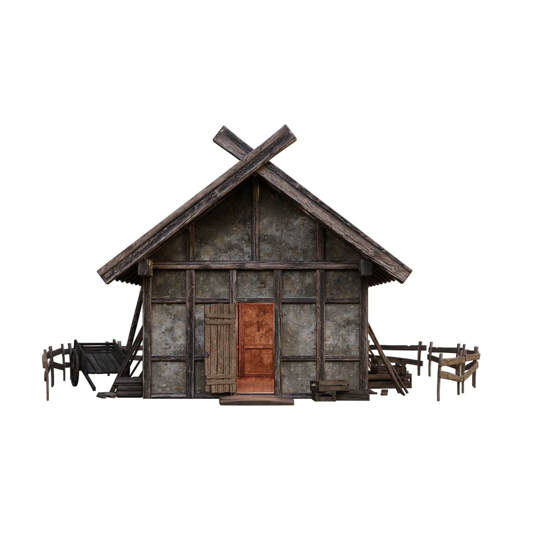 Old Medieval Building House 3D Model – Low Poly Game Ready, FBX, OBJ - View 4