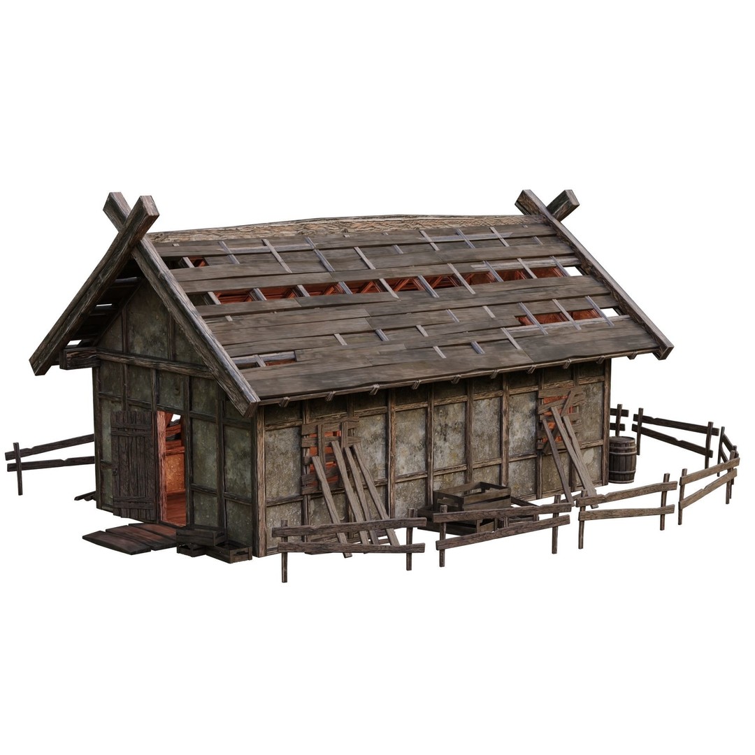 Old Medieval Building House 3D Model – Low Poly Game Ready, FBX, OBJ - View 5