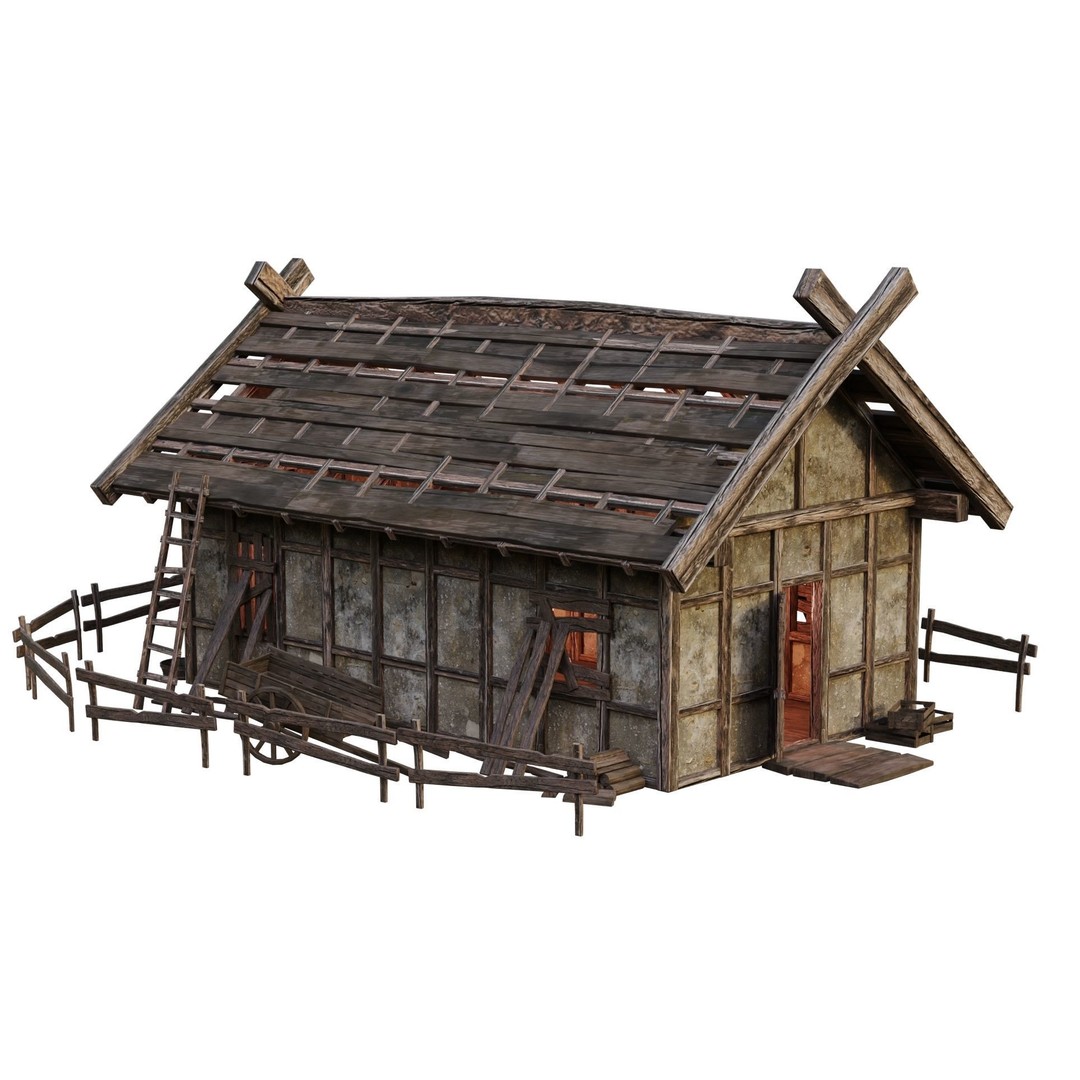 Old Medieval Building House 3D Model – Low Poly Game Ready, FBX, OBJ - View 8