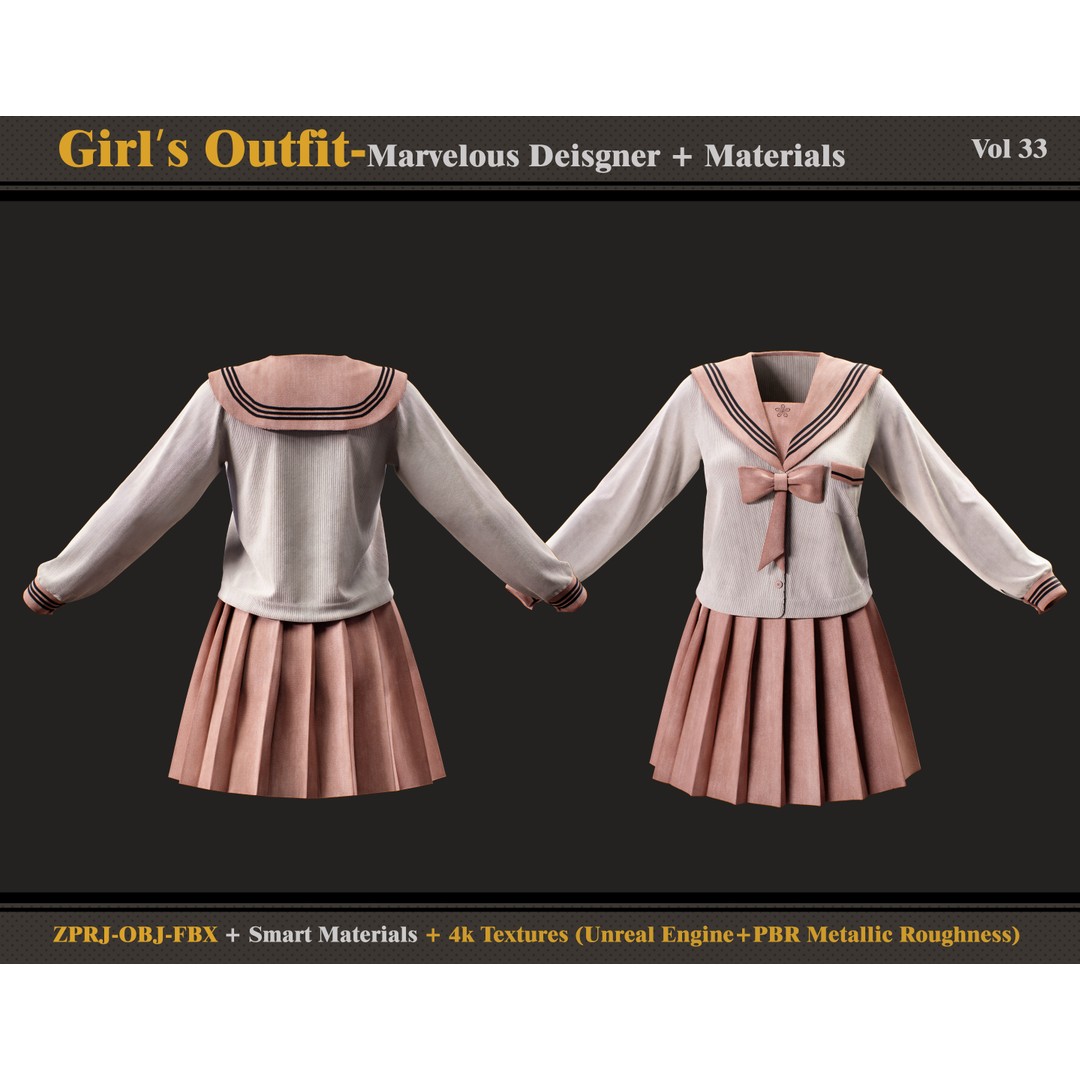 Girls Outfit 3D Model – Fashionable Costume with PBR Textures, FBX & OBJ - View 3