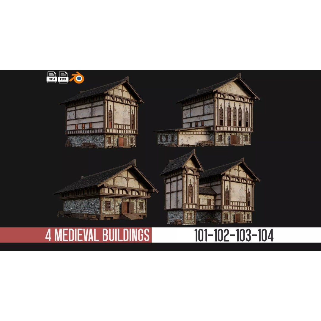 Old Medieval Buildings 3D Model – Low Poly Game Ready, FBX, OBJ, Blender - View 2