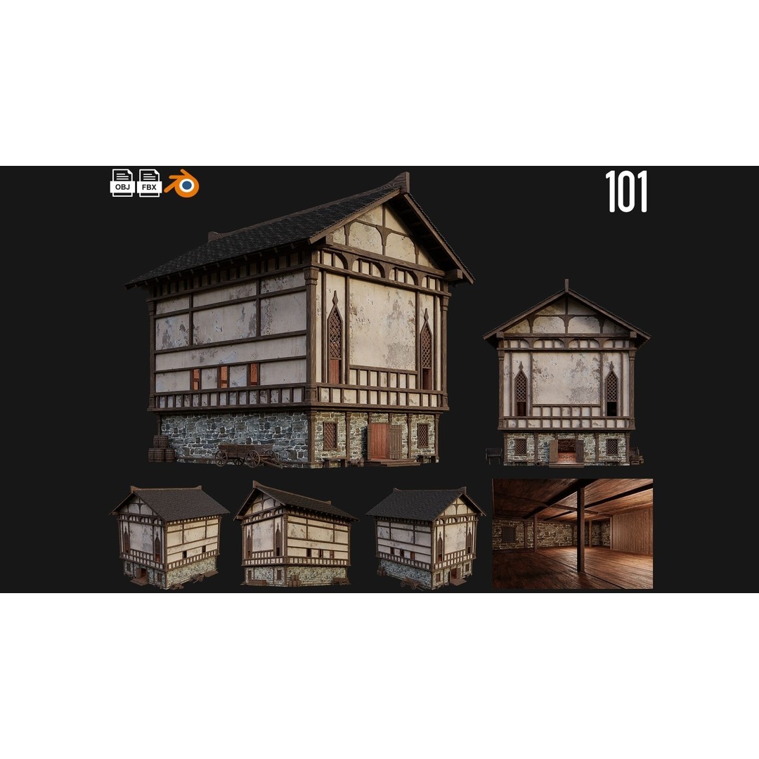 Old Medieval Buildings 3D Model – Low Poly Game Ready, FBX, OBJ, Blender - View 3