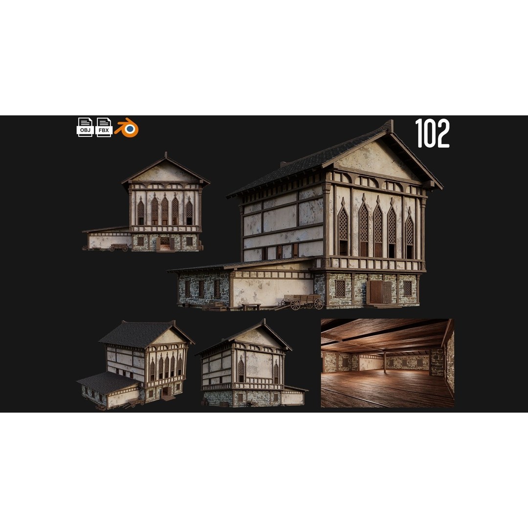 Old Medieval Buildings 3D Model – Low Poly Game Ready, FBX, OBJ, Blender - View 4