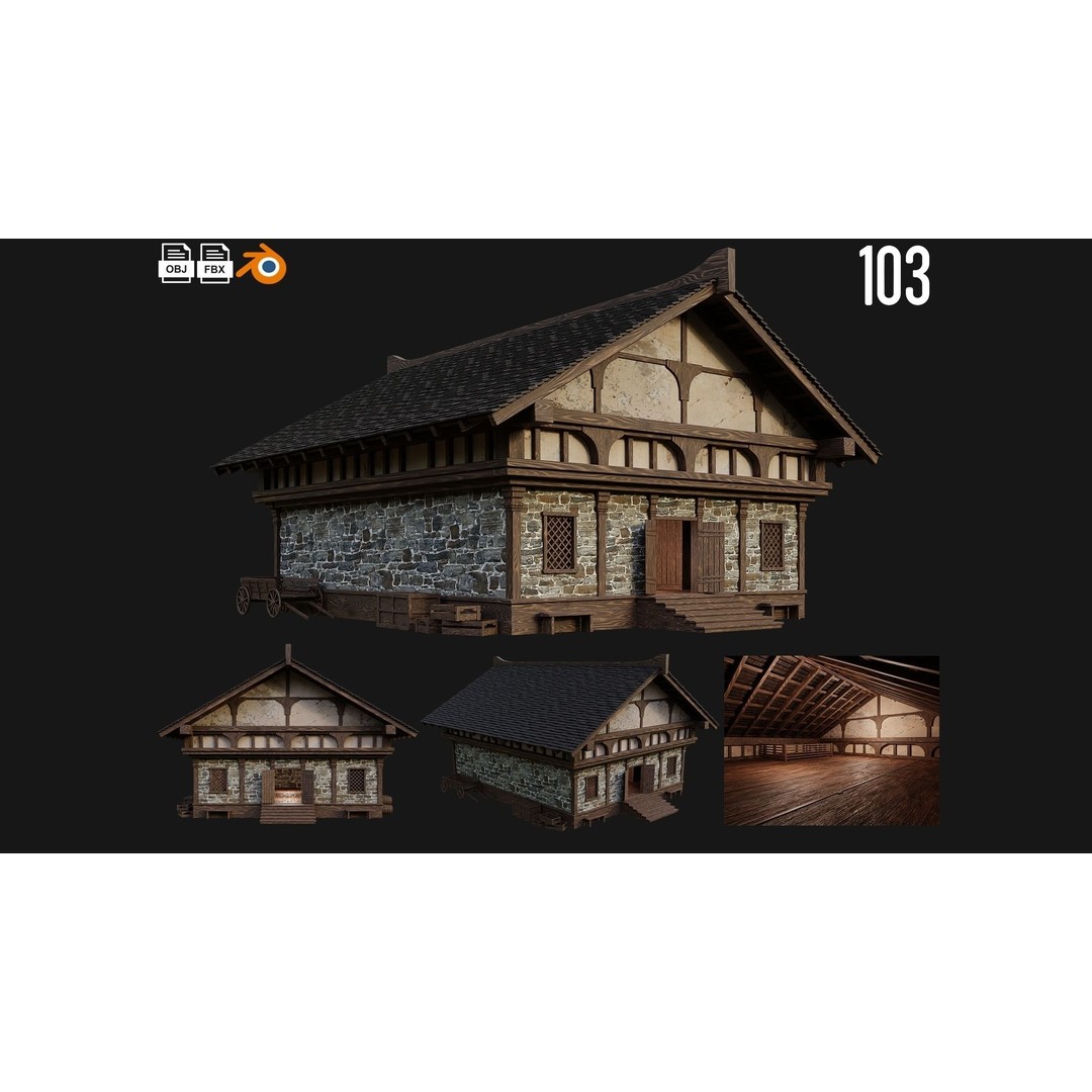 Old Medieval Buildings 3D Model – Low Poly Game Ready, FBX, OBJ, Blender - View 5