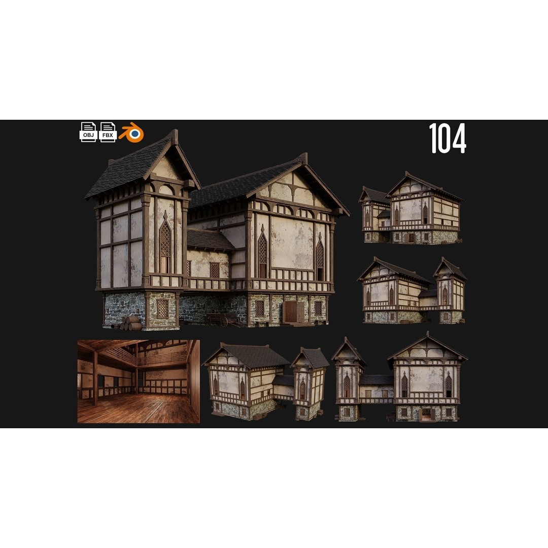 Old Medieval Buildings 3D Model – Low Poly Game Ready, FBX, OBJ, Blender - View 6