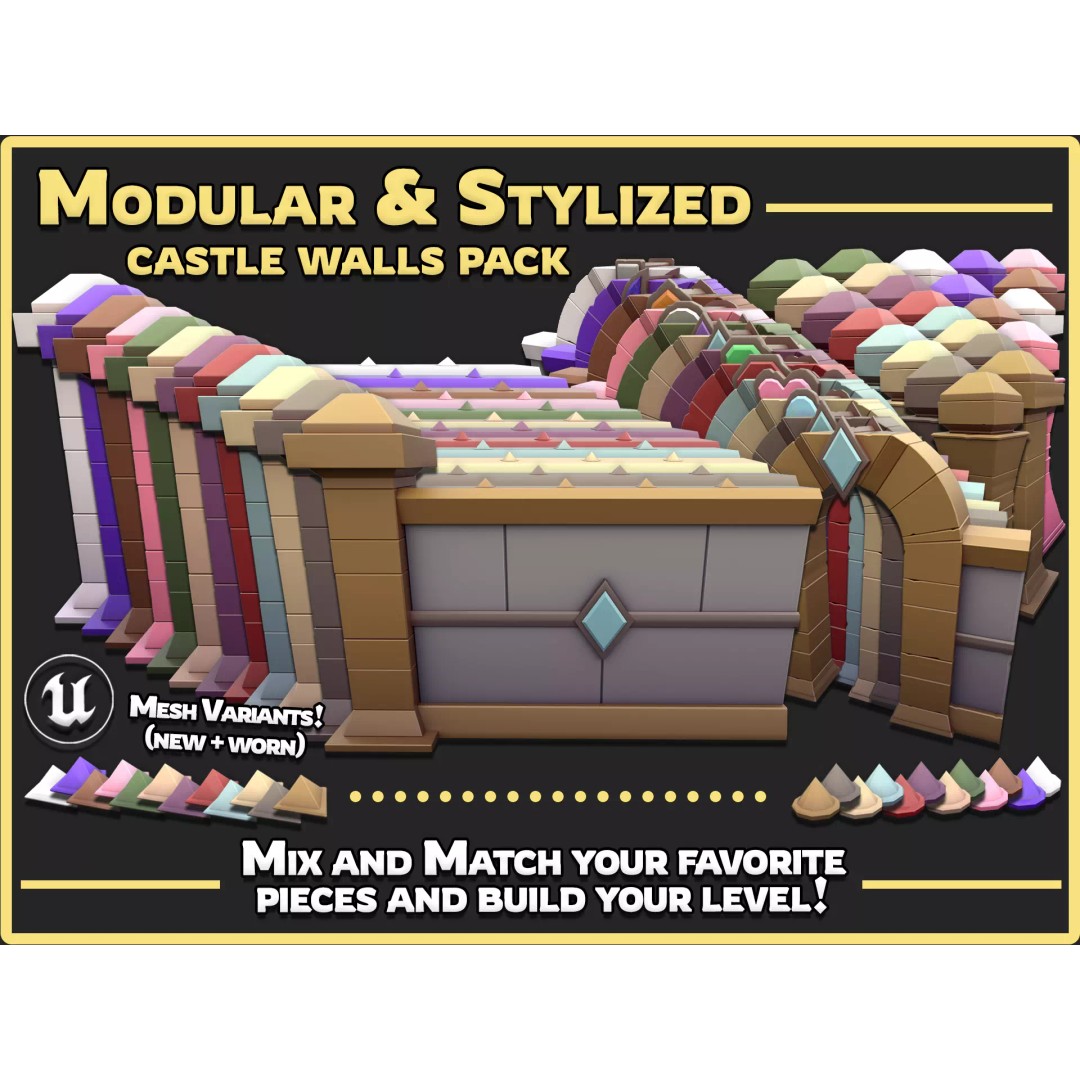Modular Castle Walls 3D Model – Low Poly Game Asset, FBX, OBJ - View 2