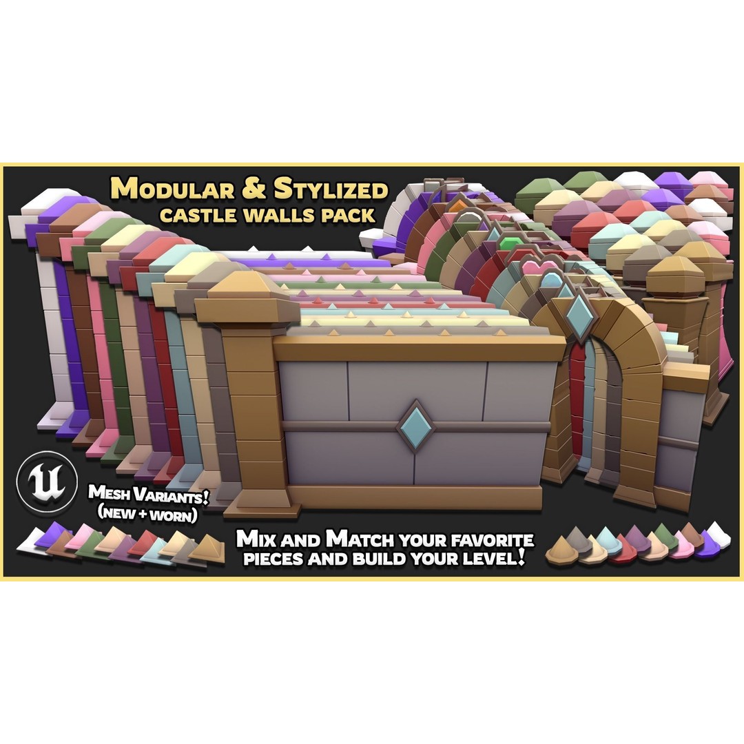 Modular Castle Walls 3D Model – Low Poly Game Asset, FBX, OBJ - View 3
