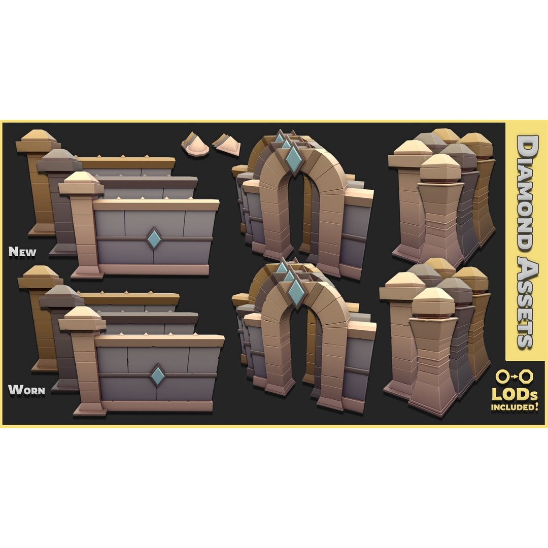 Modular Castle Walls 3D Model – Low Poly Game Asset, FBX, OBJ - View 7
