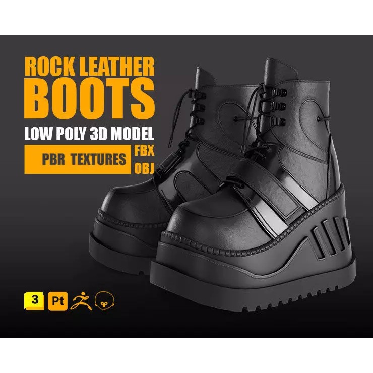 Rock Leather Boot 3D Model – Low Poly Game Asset with PBR Textures - View 2