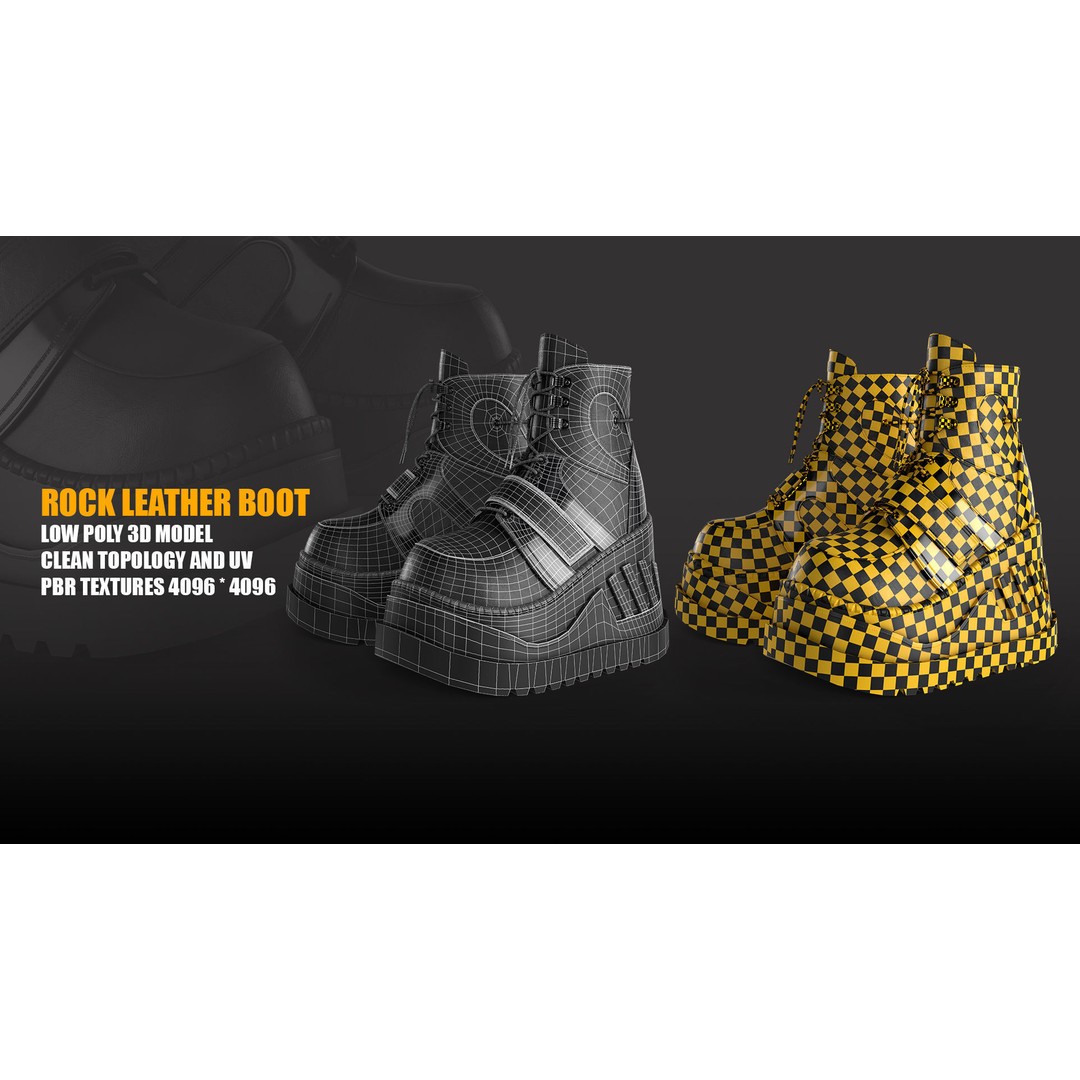 Rock Leather Boot 3D Model – Low Poly Game Asset with PBR Textures - View 6