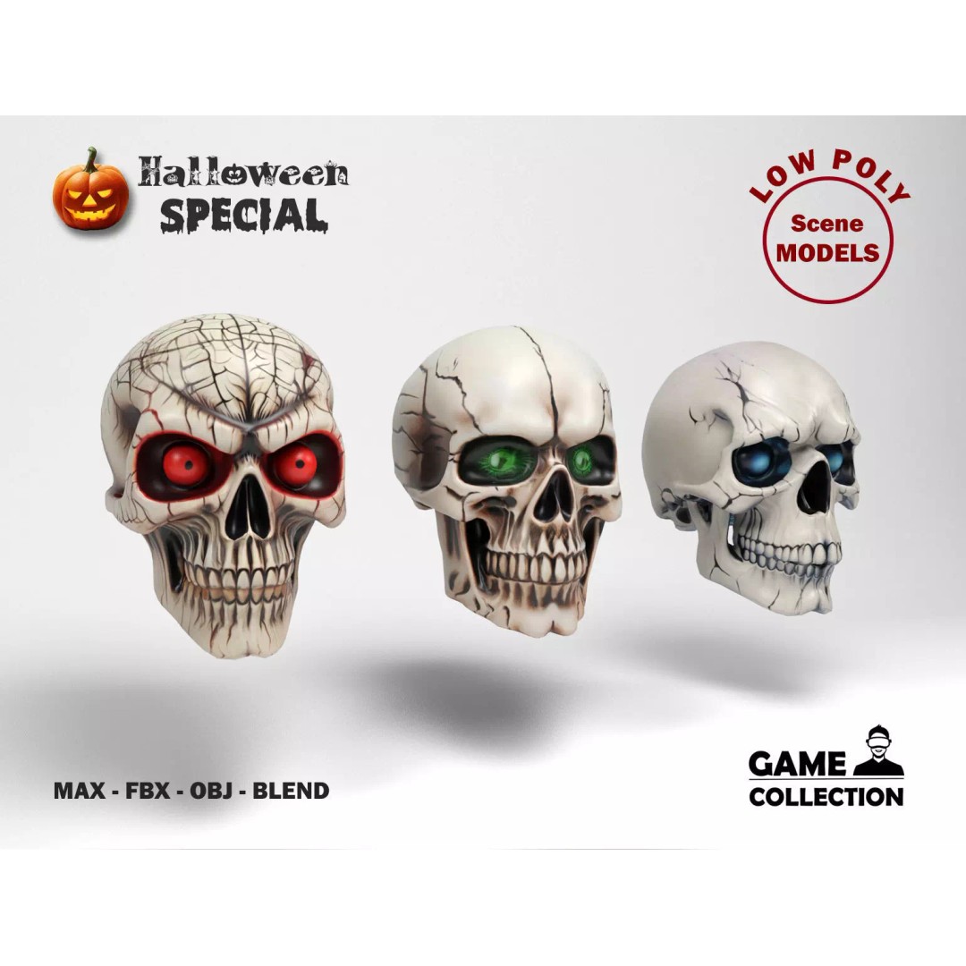 Halloween Skulls 3D Model – Low Poly Character Asset, FBX & OBJ - View 2