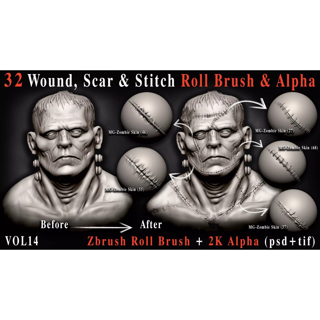 Wound and Scar 3D Model – Realistic Brush Set for Character Sculpting - View 3