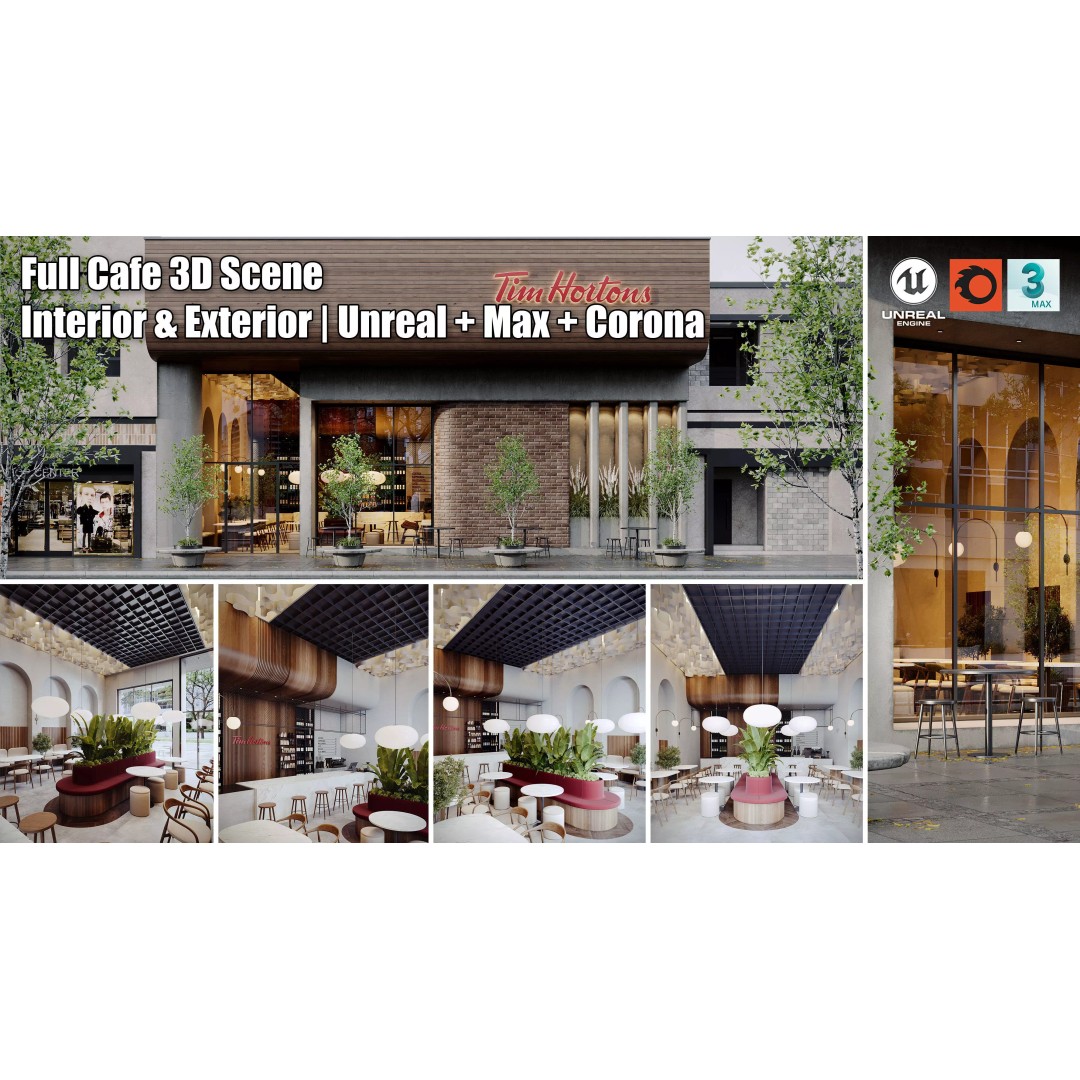 Modern Coffee Shop 3D Model – Detailed Interior & Exterior Scene, FBX - View 3