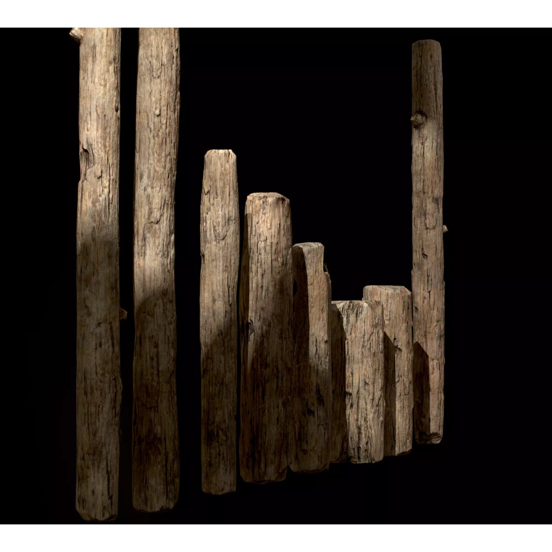 Old Wooden Poles 3D Model – Low Poly Game Asset, FBX, PBR Textures - View 2