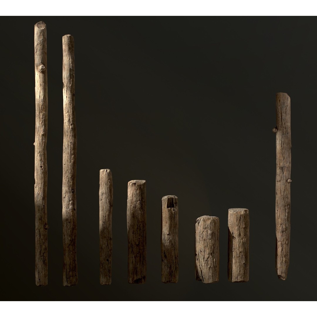 Old Wooden Poles 3D Model – Low Poly Game Asset, FBX, PBR Textures - View 4