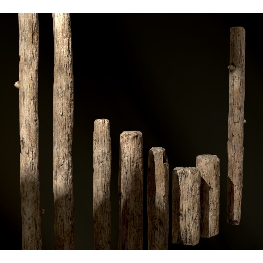 Old Wooden Poles 3D Model – Low Poly Game Asset, FBX, PBR Textures - View 5