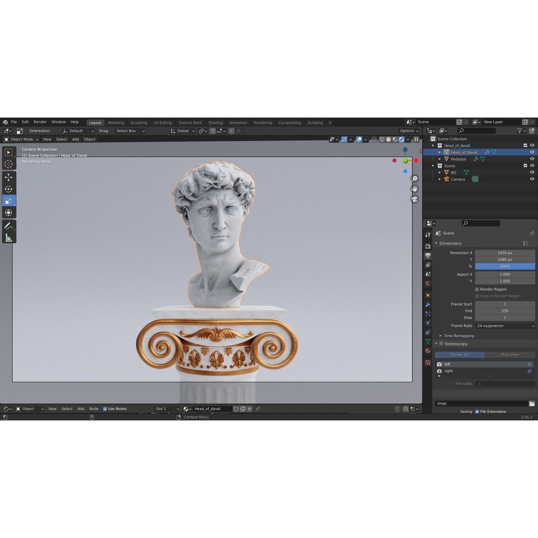 Head of David 3D Model – Marble Bust Sculpture, PBR Textures