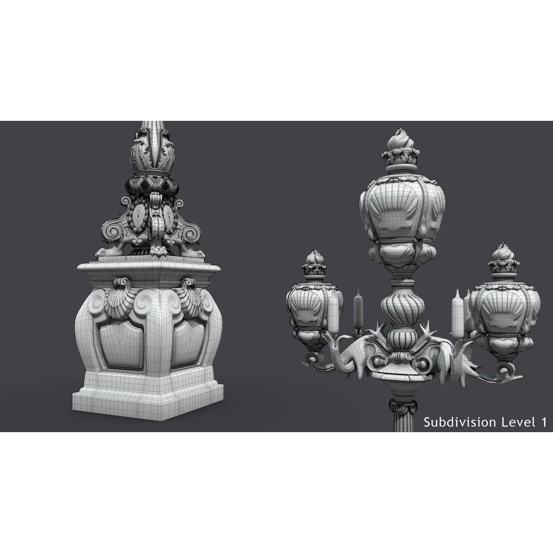 French Street Lamp 3D Model – Low Poly Architectural Lighting, FBX, OBJ