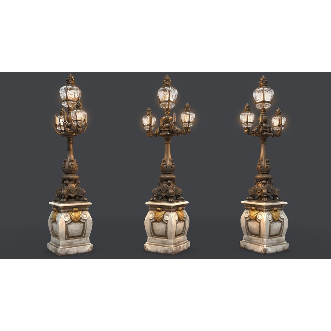 French Street Lamp 3D Model – Low Poly Architectural Lighting, FBX, OBJ - View 3
