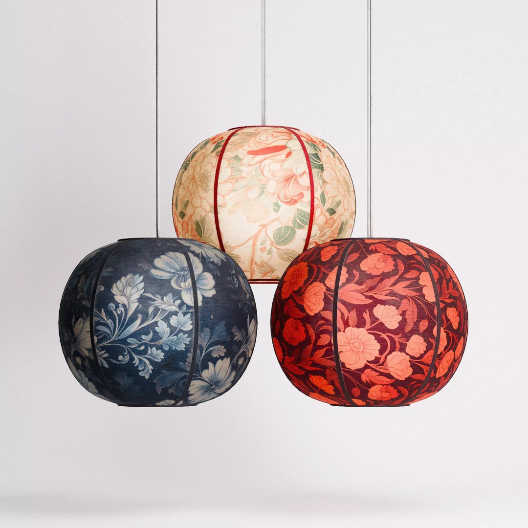 Paper Lantern Set 3D Model – Low Poly Hanging Lights, PBR Textures - View 2