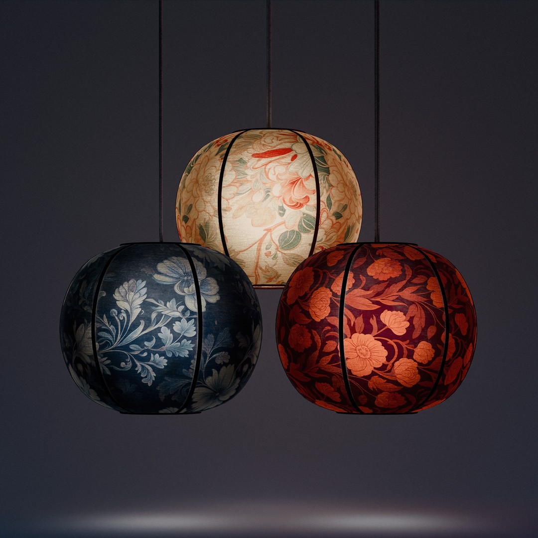 Paper Lantern Set 3D Model – Low Poly Hanging Lights, PBR Textures - View 3
