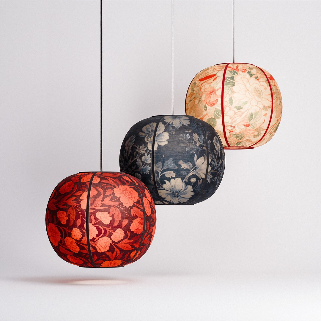 Paper Lantern Set 3D Model – Low Poly Hanging Lights, PBR Textures - View 4