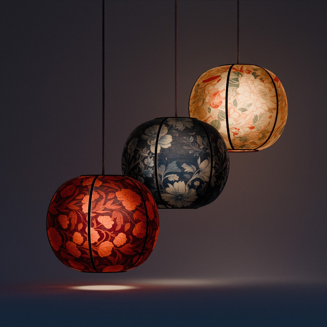 Paper Lantern Set 3D Model – Low Poly Hanging Lights, PBR Textures - View 5