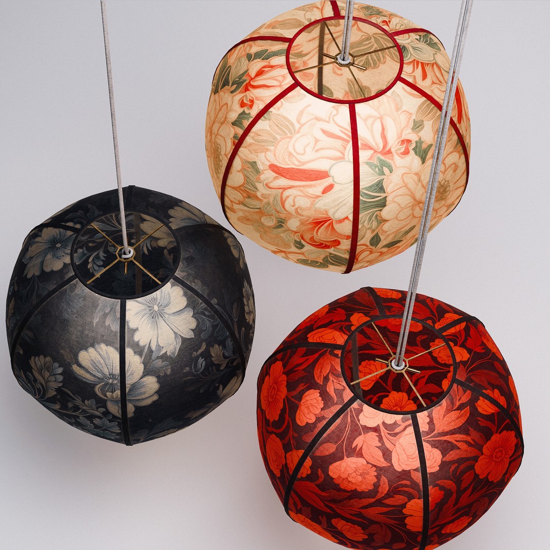 Paper Lantern Set 3D Model – Low Poly Hanging Lights, PBR Textures - View 6