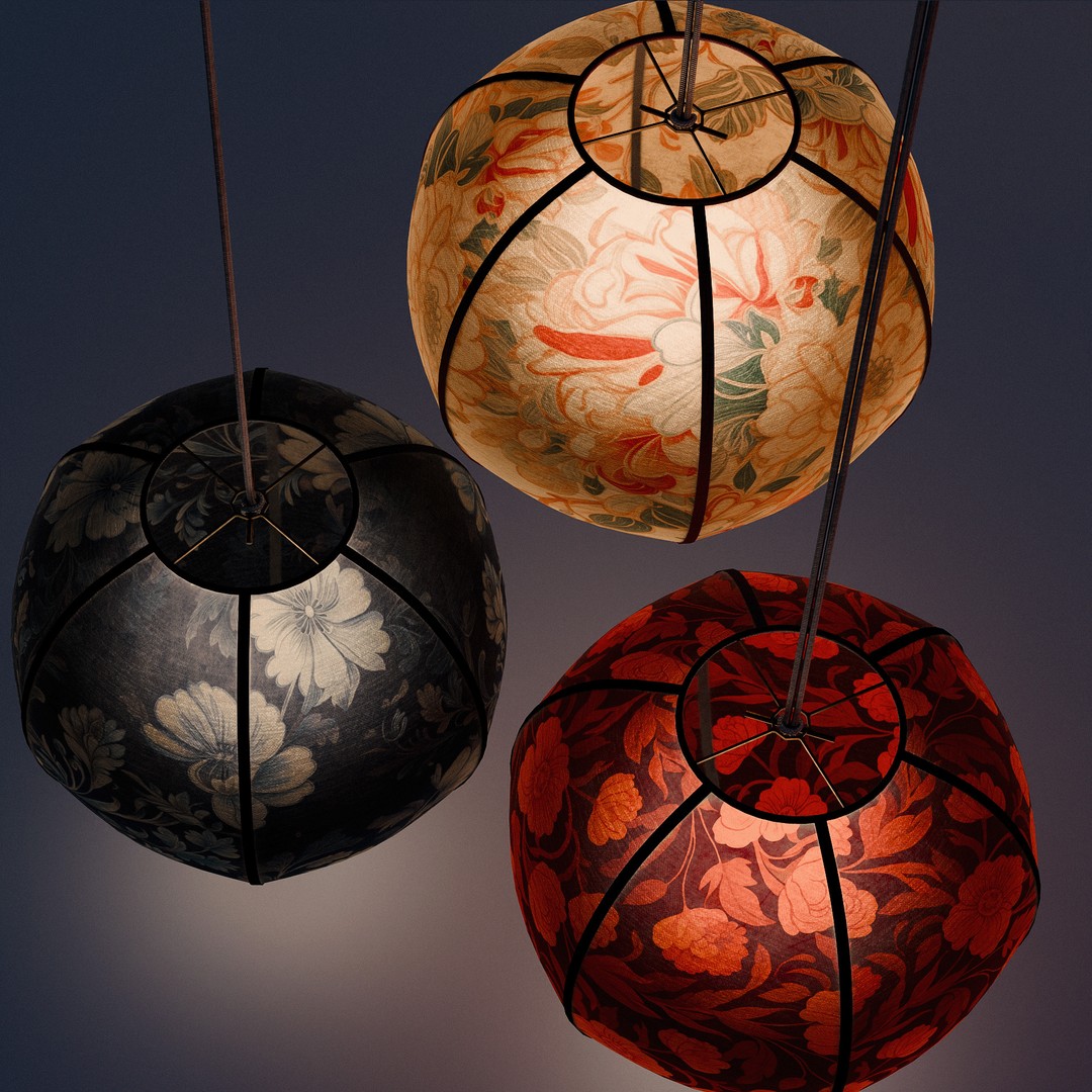 Paper Lantern Set 3D Model – Low Poly Hanging Lights, PBR Textures - View 7