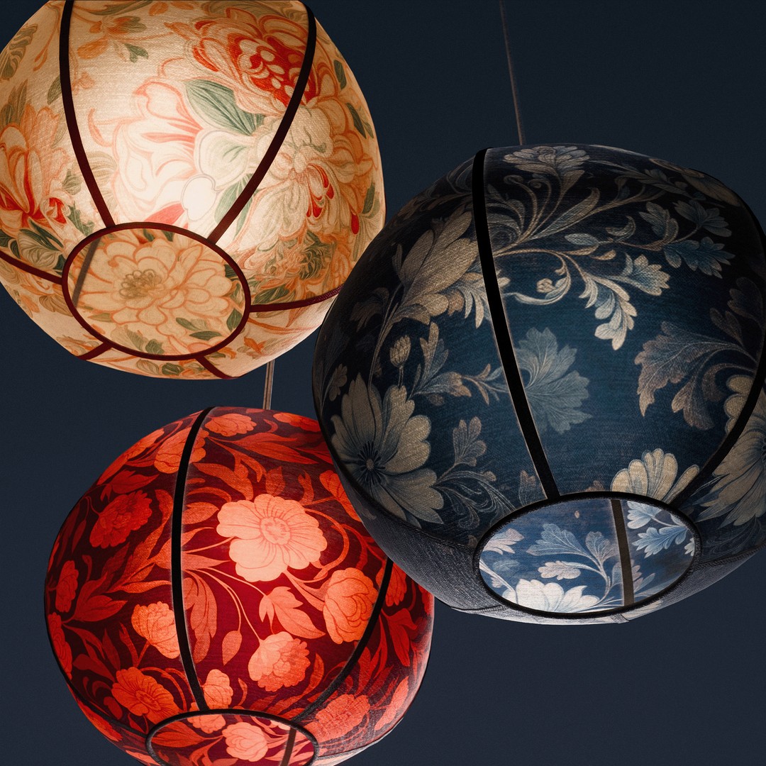 Paper Lantern Set 3D Model – Low Poly Hanging Lights, PBR Textures - View 8