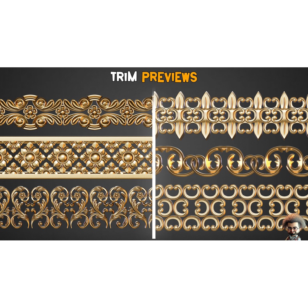 Ornamental Trim Brushes 3D Model – Low Poly Decorative Brushes, FBX, OBJ - View 10