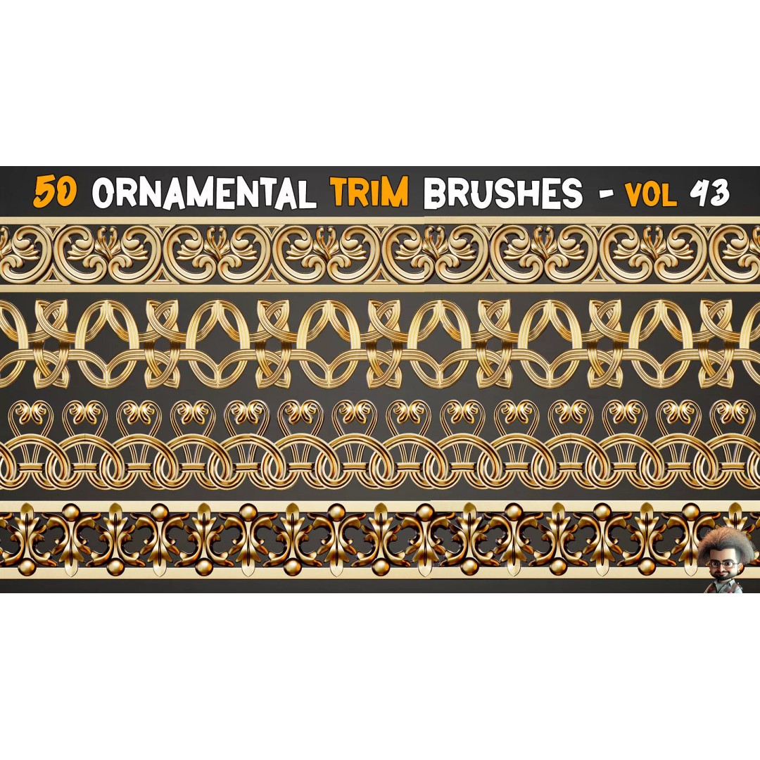 Ornamental Trim Brushes 3D Model – Low Poly Decorative Brushes, FBX, OBJ - View 2