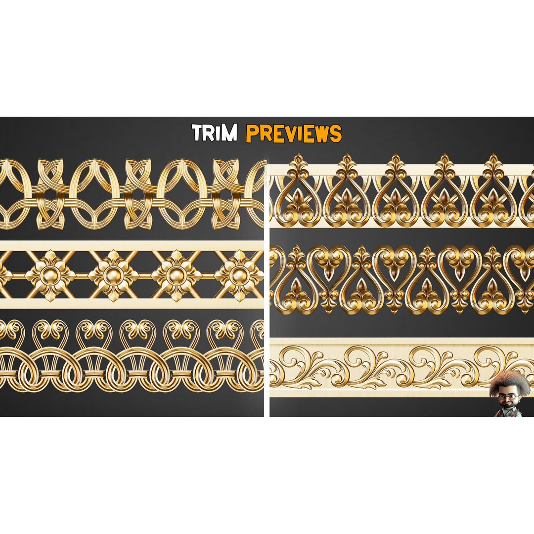 Ornamental Trim Brushes 3D Model – Low Poly Decorative Brushes, FBX, OBJ - View 3