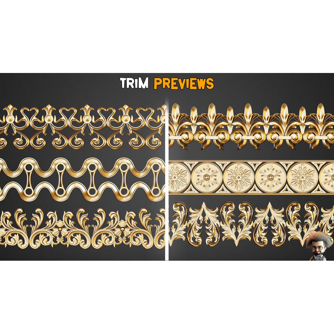 Ornamental Trim Brushes 3D Model – Low Poly Decorative Brushes, FBX, OBJ - View 4