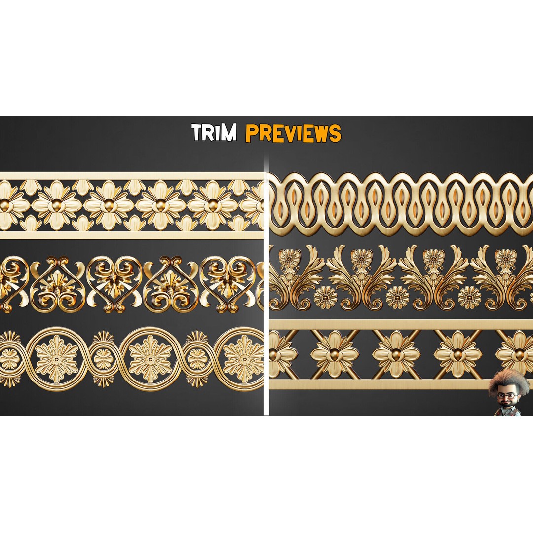 Ornamental Trim Brushes 3D Model – Low Poly Decorative Brushes, FBX, OBJ - View 5