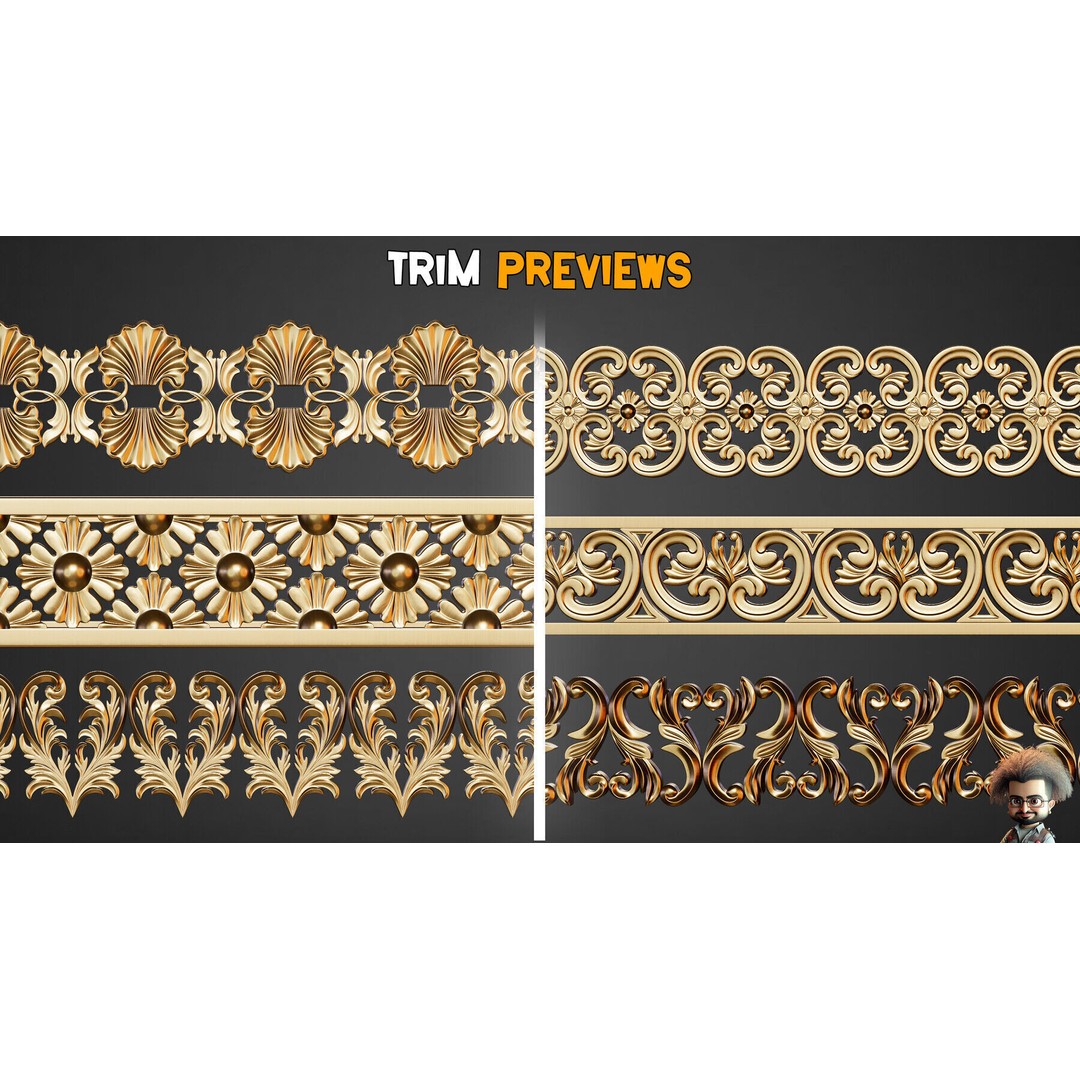 Ornamental Trim Brushes 3D Model – Low Poly Decorative Brushes, FBX, OBJ - View 6