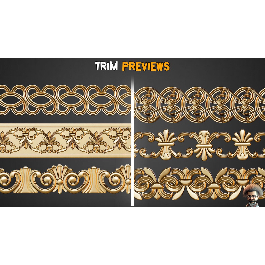 Ornamental Trim Brushes 3D Model – Low Poly Decorative Brushes, FBX, OBJ - View 8