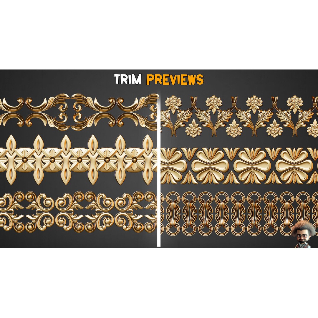 Ornamental Trim Brushes 3D Model – Low Poly Decorative Brushes, FBX, OBJ - View 9