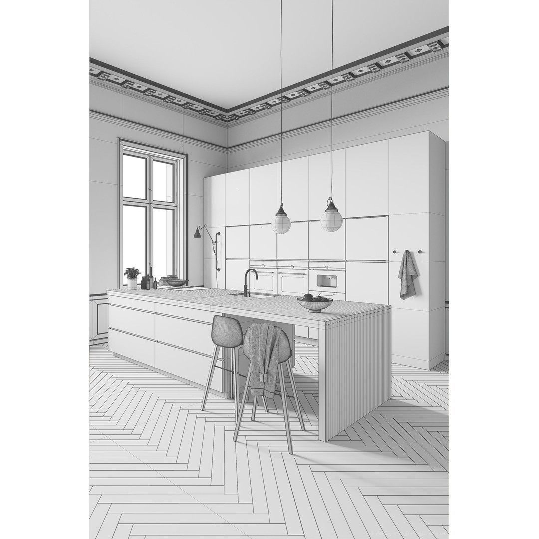 White Kitchen 3D Model – Modern Interior Scene with Natural Lighting