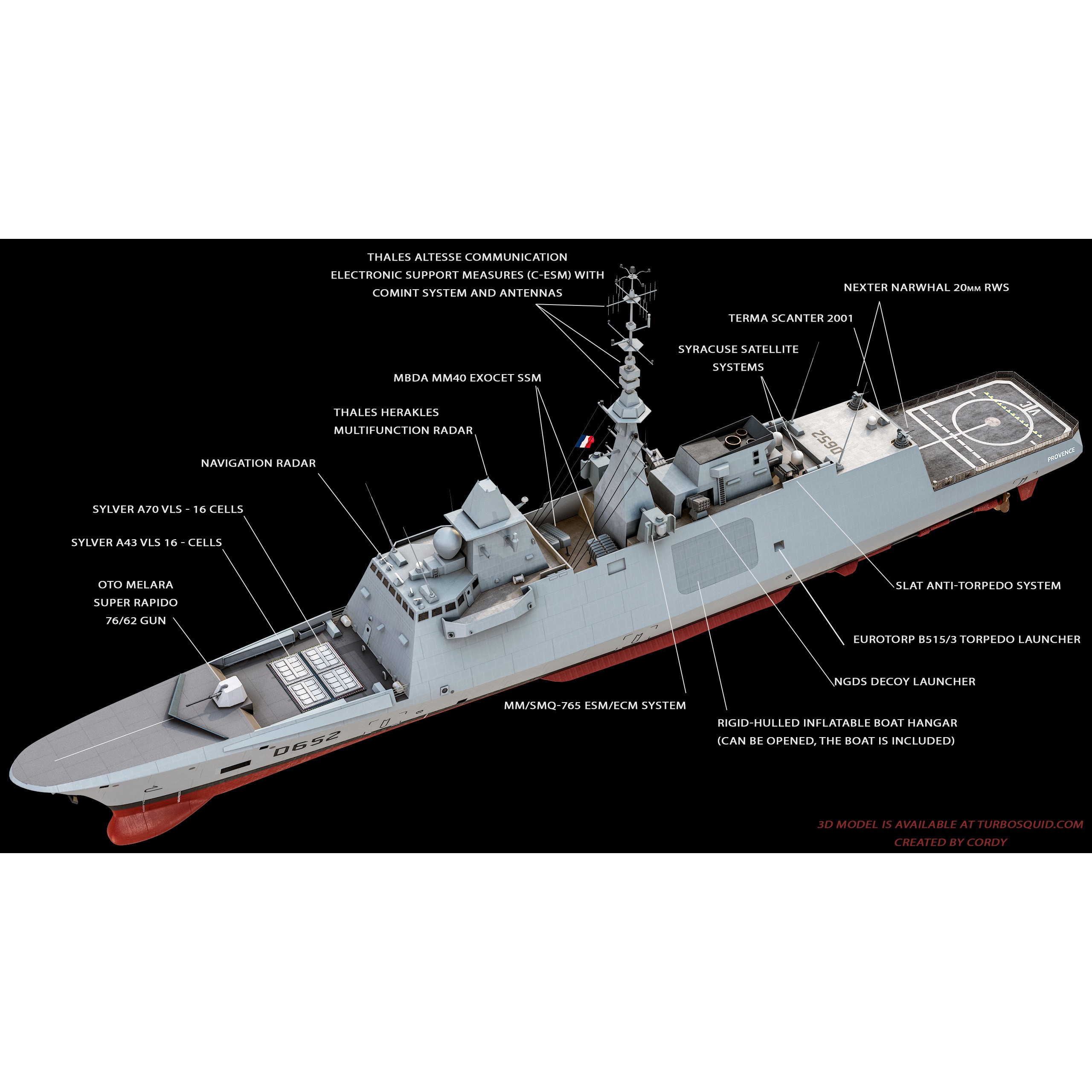 FREMM Aquitaine Class Frigate - Low-Poly Game-Ready 3D Model - View 4
