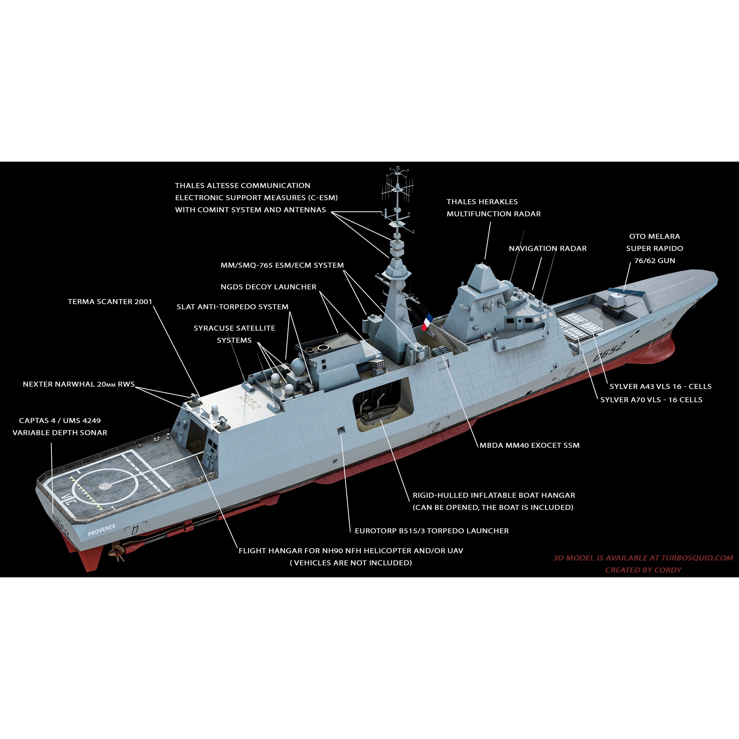 FREMM Aquitaine Class Frigate - Low-Poly Game-Ready 3D Model - View 5