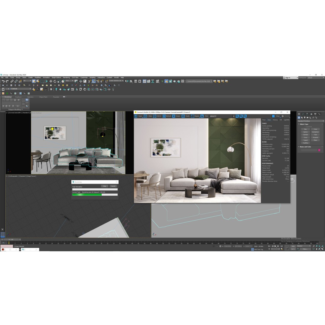 Living Room 3D Model – Textured Interior Scene with Corona Setup - View 6