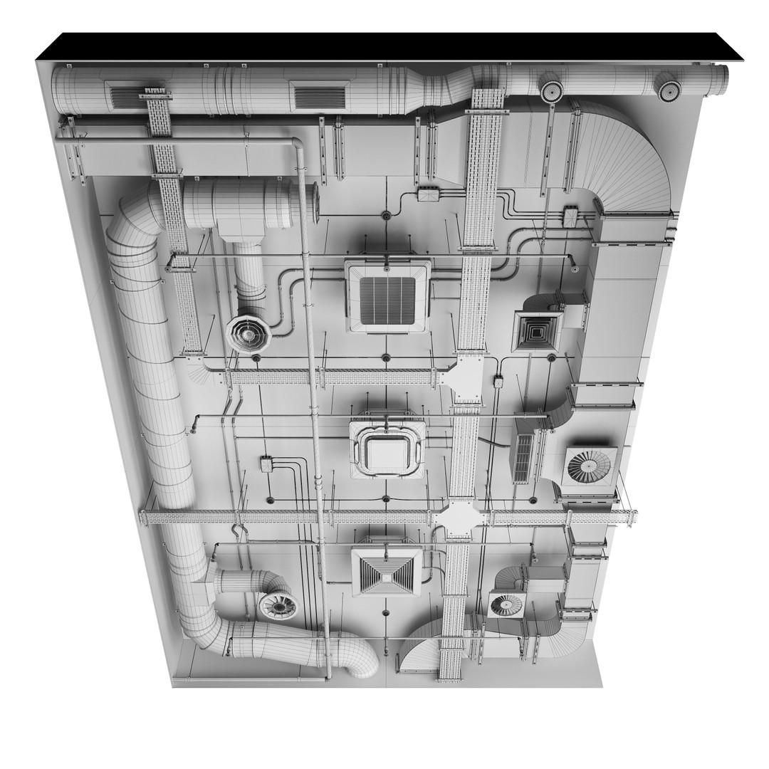 Industrial Ceiling Ventilation System 3D Model – Complete Air Duct Setup, FBX