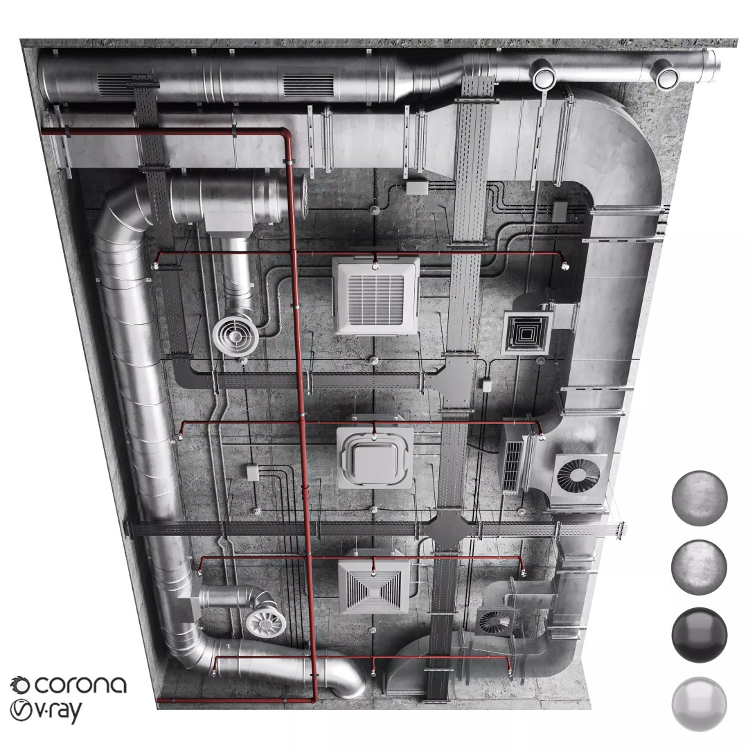 Industrial Ceiling Ventilation System 3D Model – Complete Air Duct Setup, FBX - View 2