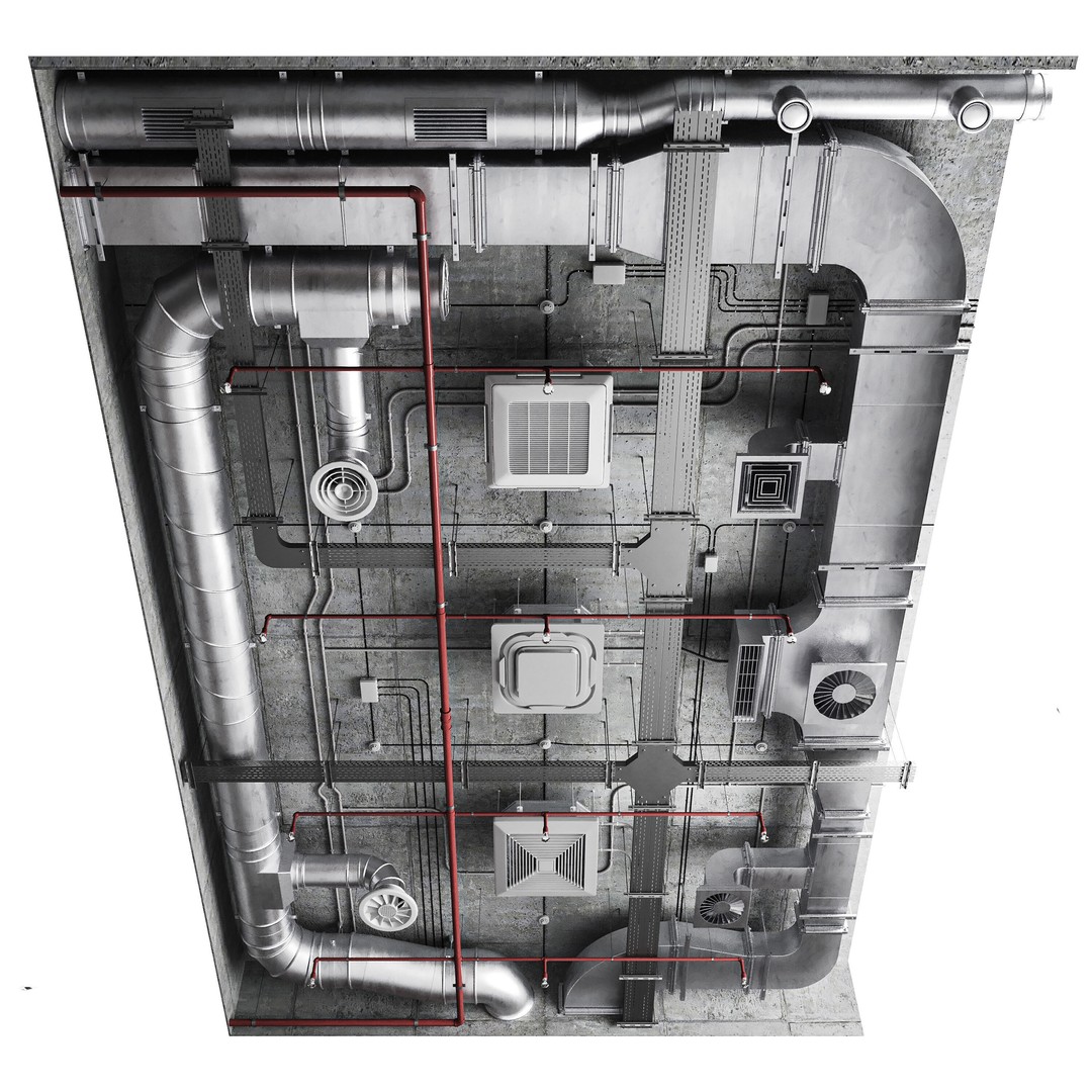 Industrial Ceiling Ventilation System 3D Model – Complete Air Duct Setup, FBX - View 3