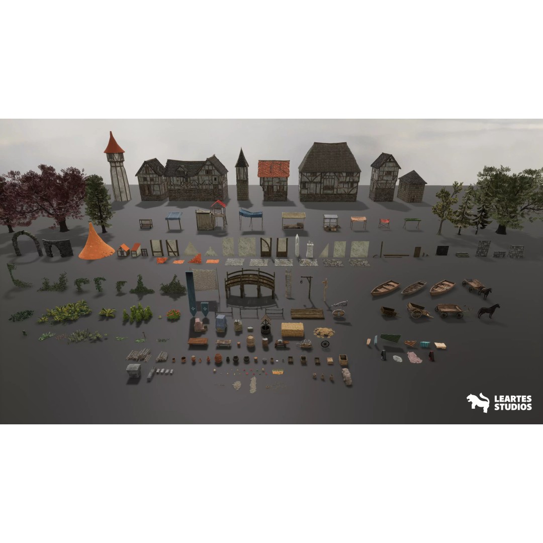 Medieval Lakeside Town 3D Model – Low Poly Game Asset, PBR, FBX