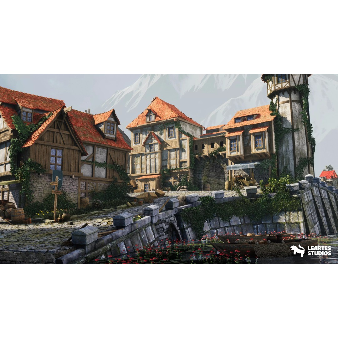 Medieval Lakeside Town 3D Model – Low Poly Game Asset, PBR, FBX - View 3
