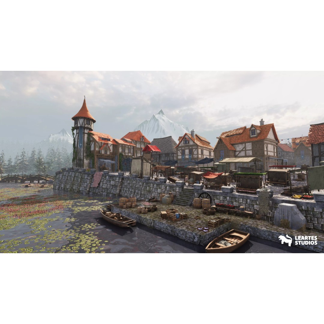 Medieval Lakeside Town 3D Model – Low Poly Game Asset, PBR, FBX - View 6