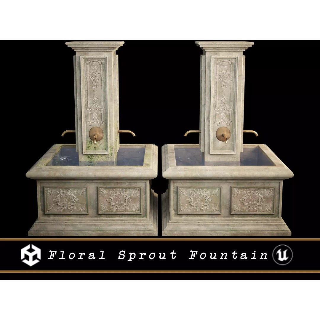 Marble Floral Sprout Fountain 3D Model – Low Poly PBR Asset, FBX/OBJ - View 2