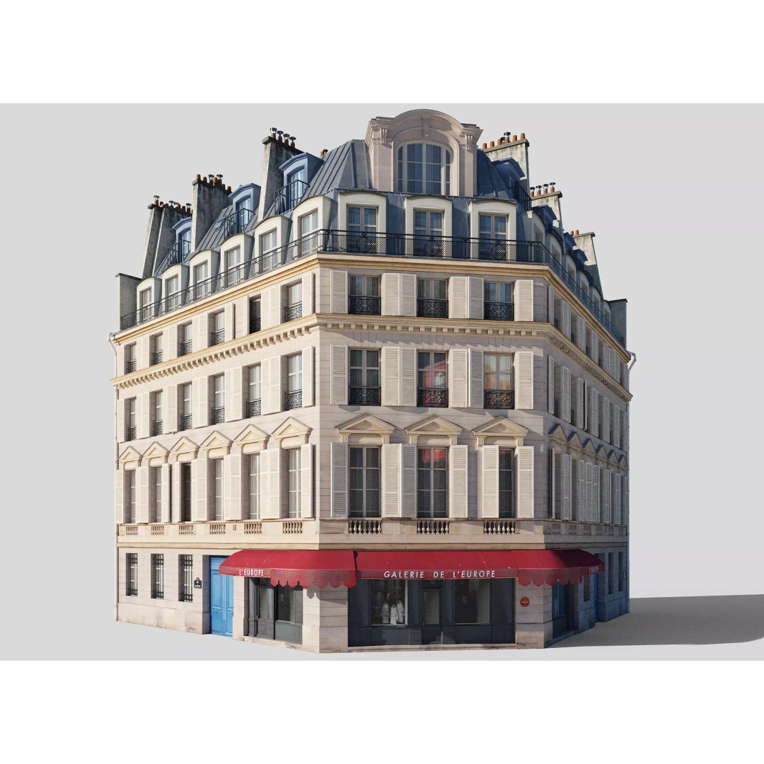 Parisian Corner Building 3D Model – Low Poly Game Ready, FBX - View 2